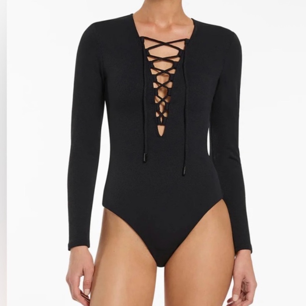 Jets Australia Front Plunge Jump Suit Long Sleeve Lace-Up Bodysuit US 10 nwt